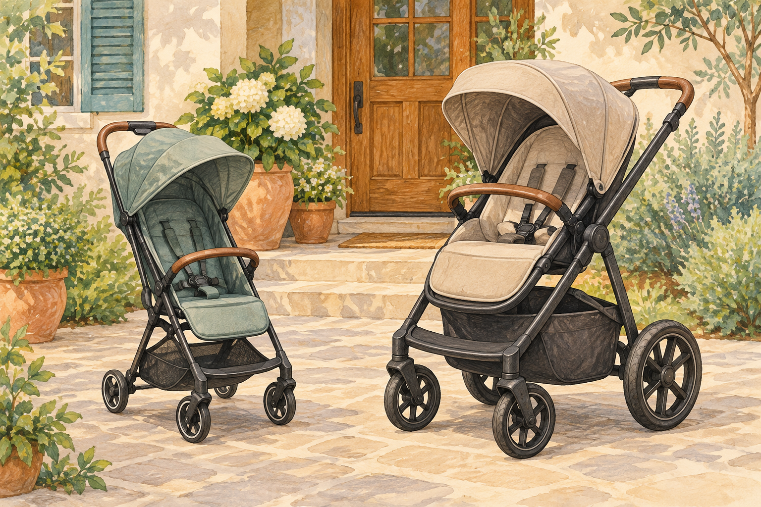 Generic compact and full-size strollers standing side by side