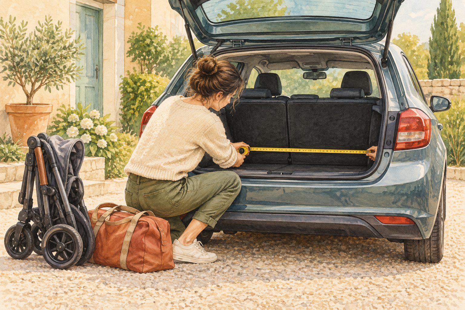 Adult measuring a car trunk beside a folded stroller