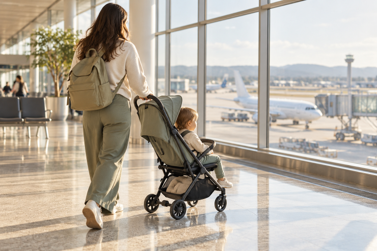 Parent pushing a compact stroller beside a toddler in an airport terminal