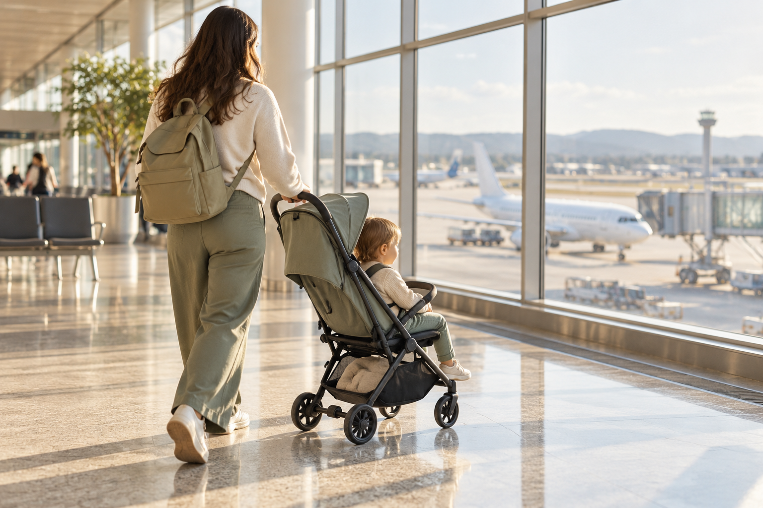 Parent pushing a compact stroller beside a toddler in an airport terminal